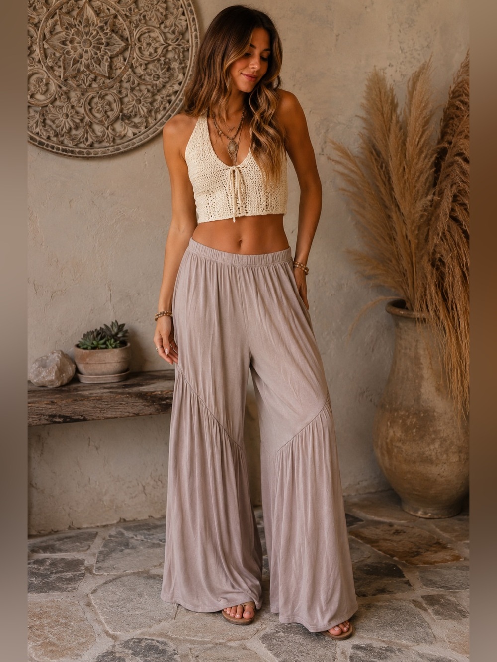 Boho Taupe Wide Leg Palazzo Pants L Rayon Stretch Flowy Festival Neutral